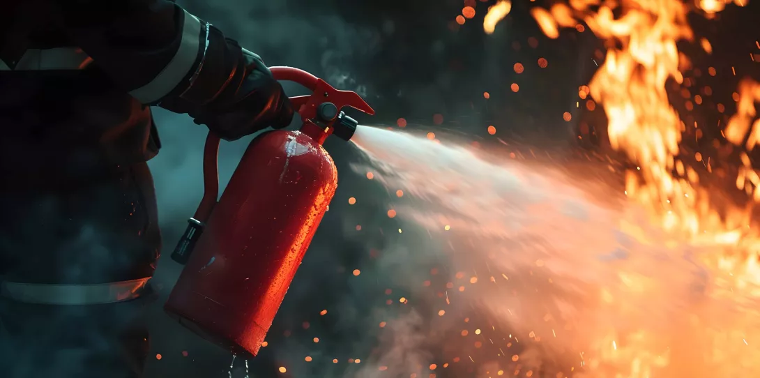 Fireman with fire extinguisher to extinguish fire