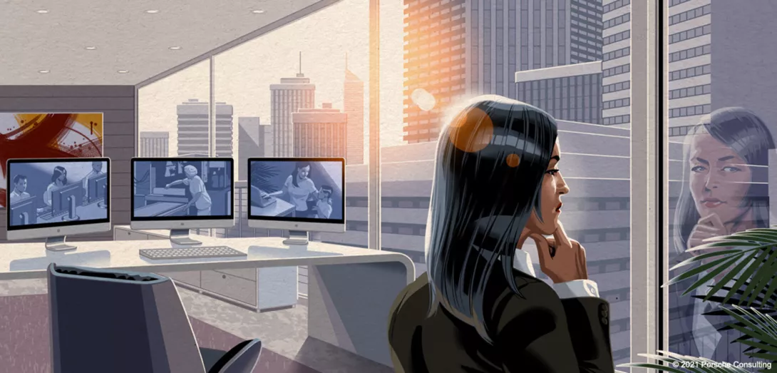 Frau schaut aus dem Fenster