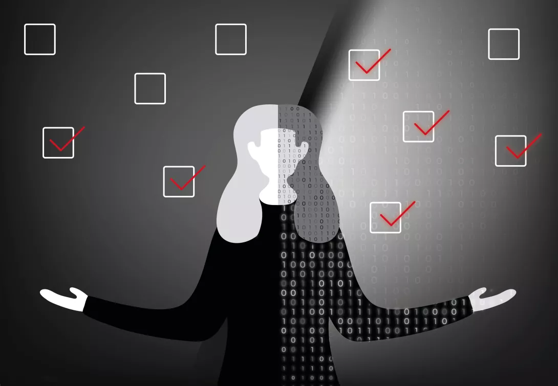 Woman split in half human and half digital with task boxes that are already checked partially