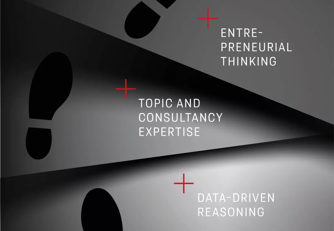 Footprints with text: Data-driven reasoning, deep topic and consultancy expertise, entrepreneurial thinking