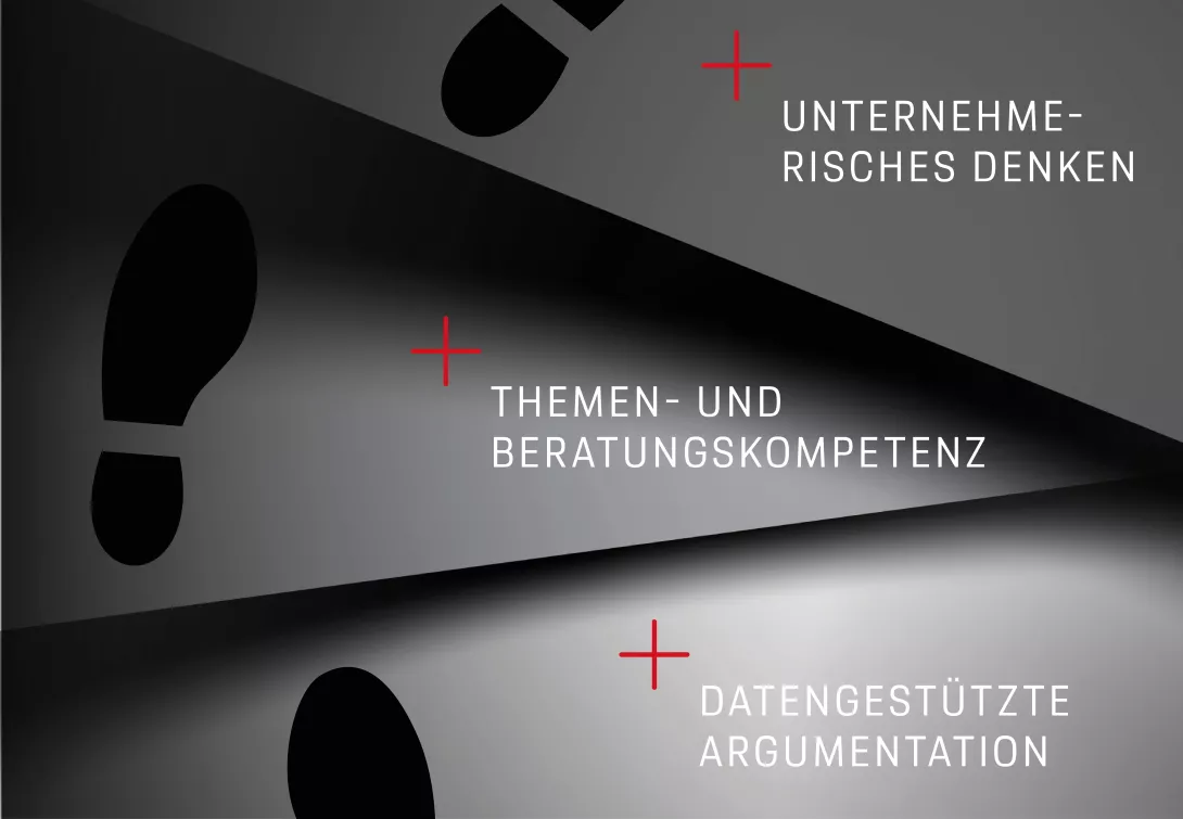 Fußabdrücke mit Text: Datengestützte Argumentation, fundierte Themen- und Beratungskompetenz sowie unternehmerisches Denken
