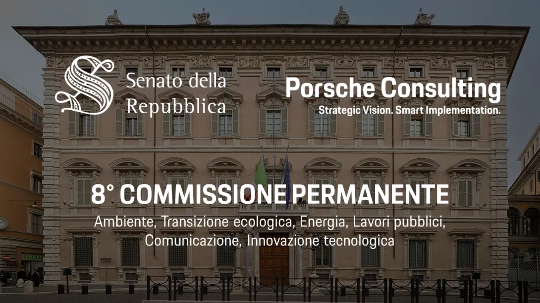 Facade of the Italian Senate building with banners displaying 'Senato della Repubblica', 'Porsche Consulting - Strategic Vision. Smart Implementation.', and '8ª Commissione Permanente - Ambiente, Transizione ecologica, Energia, Lavori pubblici, Comunicazione, Innovazione tecnologica'