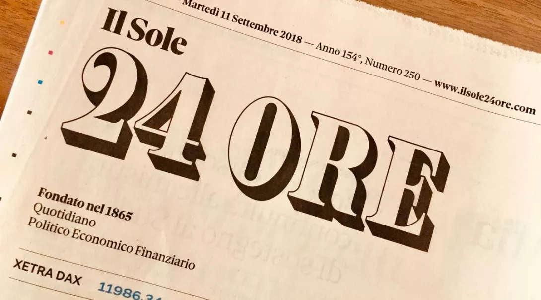 Front page header of 'Il Sole 24 ORE' newspaper with bold title and website address, indicating its focus on economic and financial news