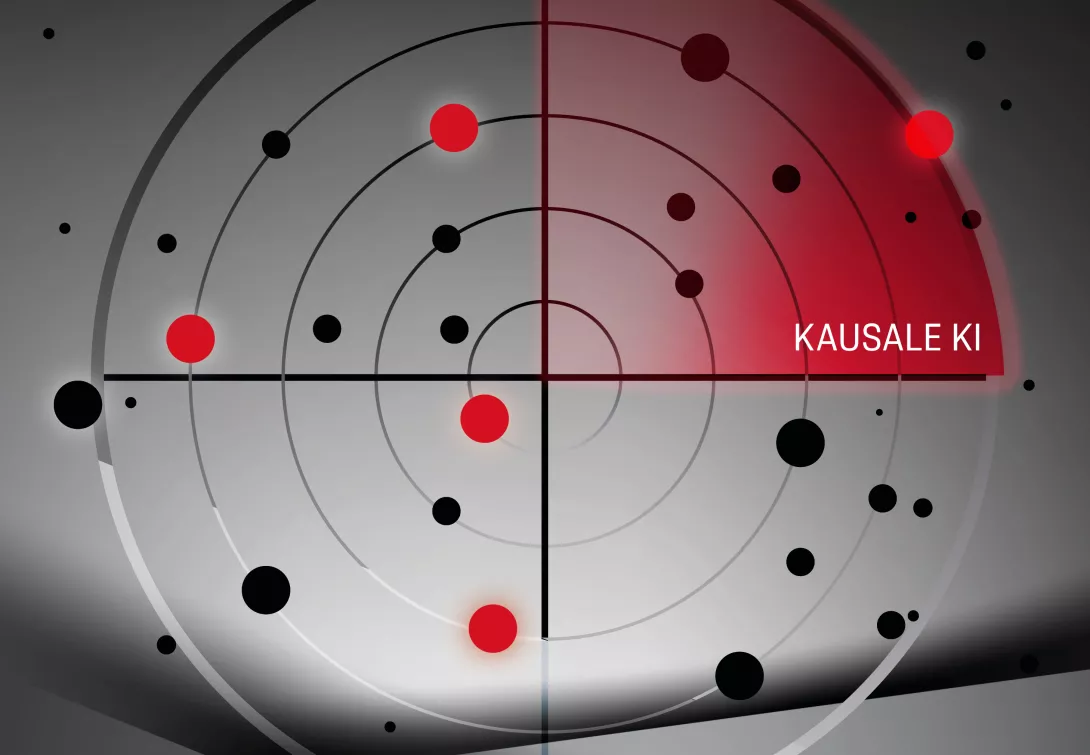 Kompass mit Datenpunkten und Kausale AI zum aufdecken von versteckten Faktoren für Flugverspätungen