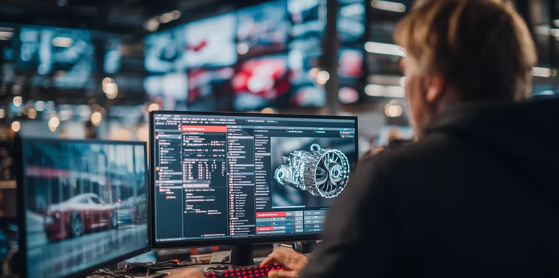 Man in front of computer research and development of product