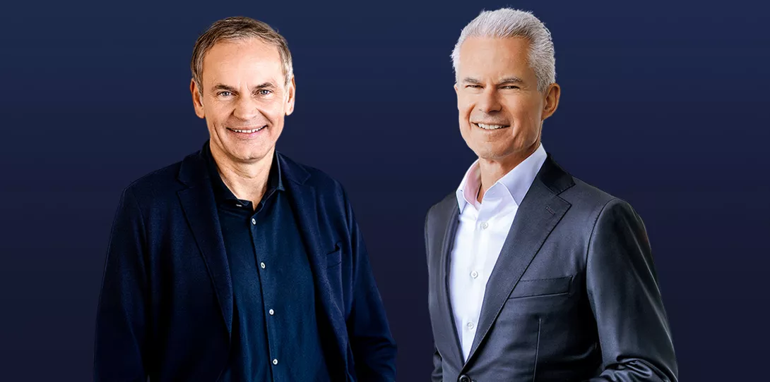 Oliver Blume (left), Chairman of the Boards of Management of Volkswagen and Porsche, and Eberhard Weiblen, CEO of Porsche Consulting, talk with Porsche Consulting Magazine about optimism, opportunities, and a good work-life balance.