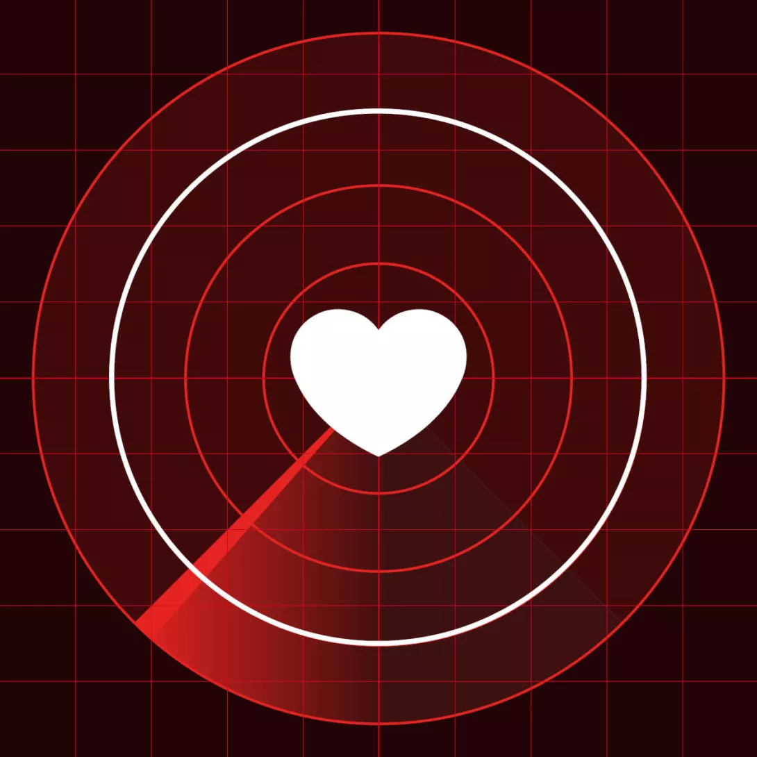 White heart icon on red radar icon