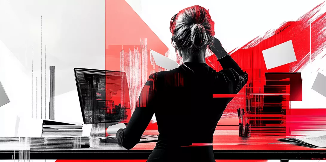 Woman in front of laptop on desk frustrated