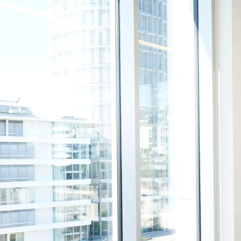 View from an office to the office buildings opposite in the sunshine